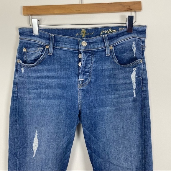 7FAM 7 FOR ALL MANKIND Josefina Skinny Boyfriend Jeans Distressed Size 26 Cuffed - Picture 3 of 9